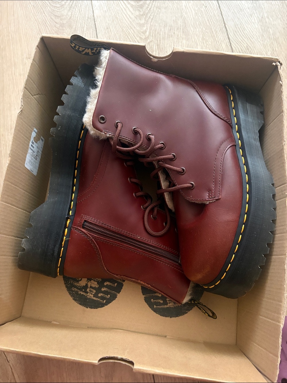 Dr. Martens Burgundy Lace-Up Platform Boots with Shearling Trim